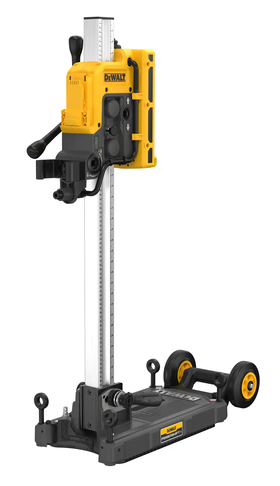 A DEWALT core drill machine with a yellow motor unit mounted on a vertical metal rail and a base with wheels for mobility.