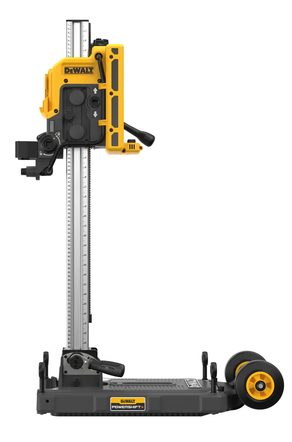 A DEWALT DCPS151 photography tool, featuring a yellow and black device mounted vertically on a metal stand with wheels at the base. The tool appears designed for precision tasks and is shown against a white background.