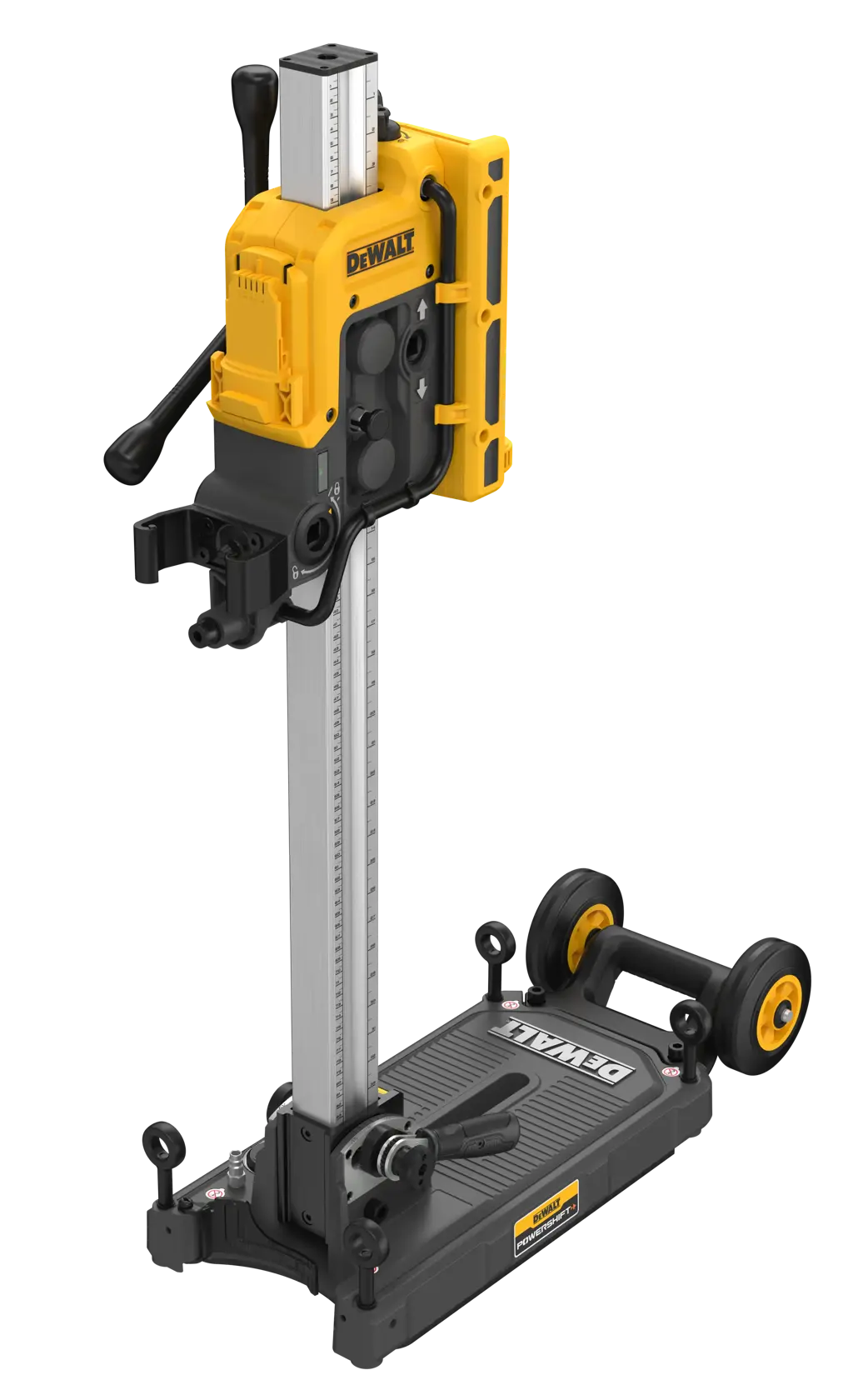 A DEWALT DCPS151 photography tool is shown, featuring a sturdy base with wheels, an adjustable vertical column, and a yellow and black mechanism attached for precise positioning.