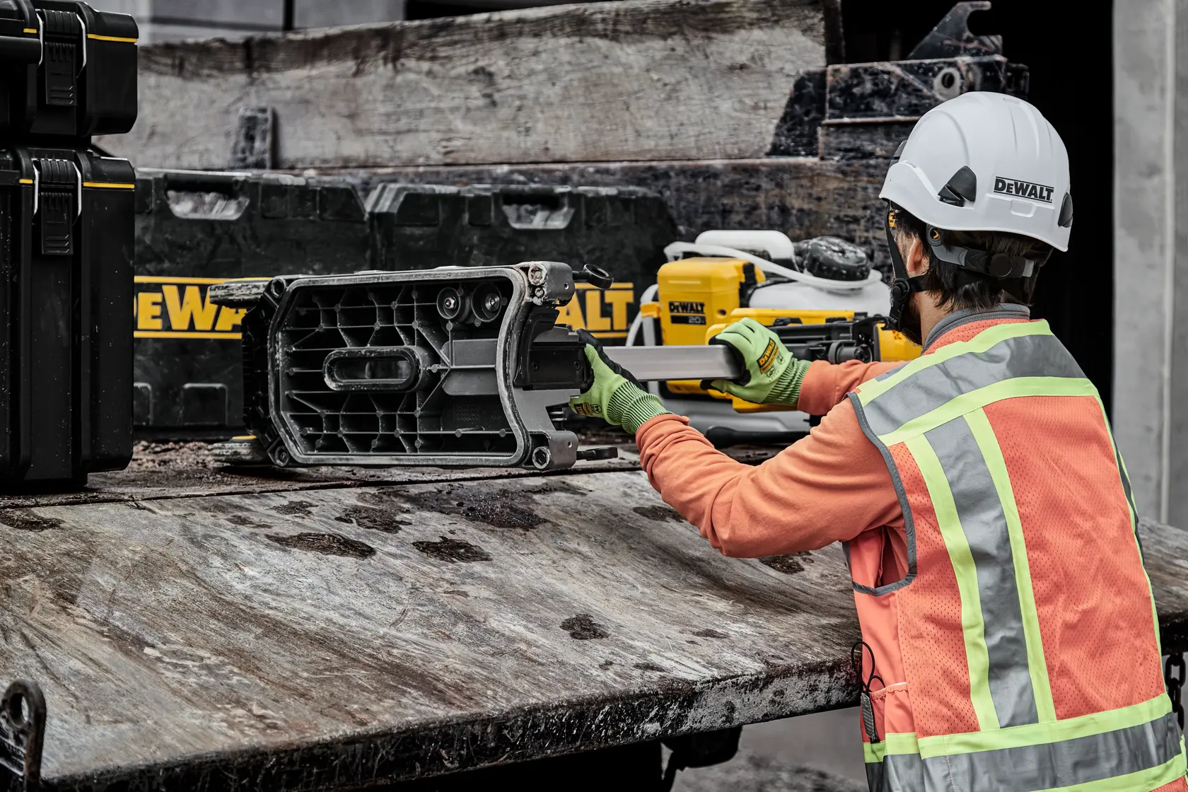 A person wearing a safety helmet, gloves, and reflective vest uses a DEWALT power tool on a worksite. There are DEWALT toolboxes and equipment visible in the background.