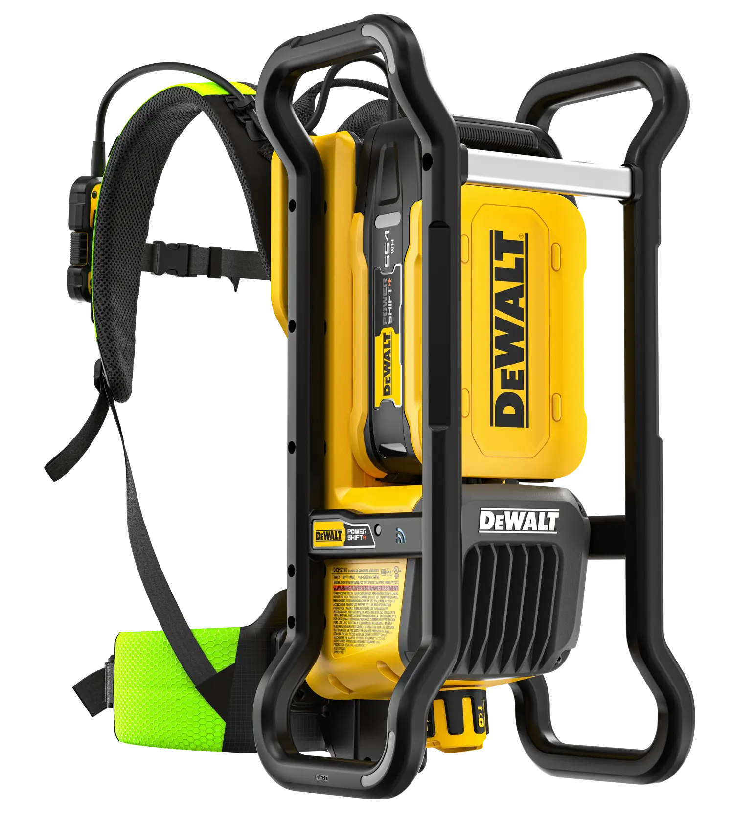 A DEWALT portable backpack power supply system featuring a yellow and black battery unit, durable frame, and padded shoulder straps for comfortable carrying.
