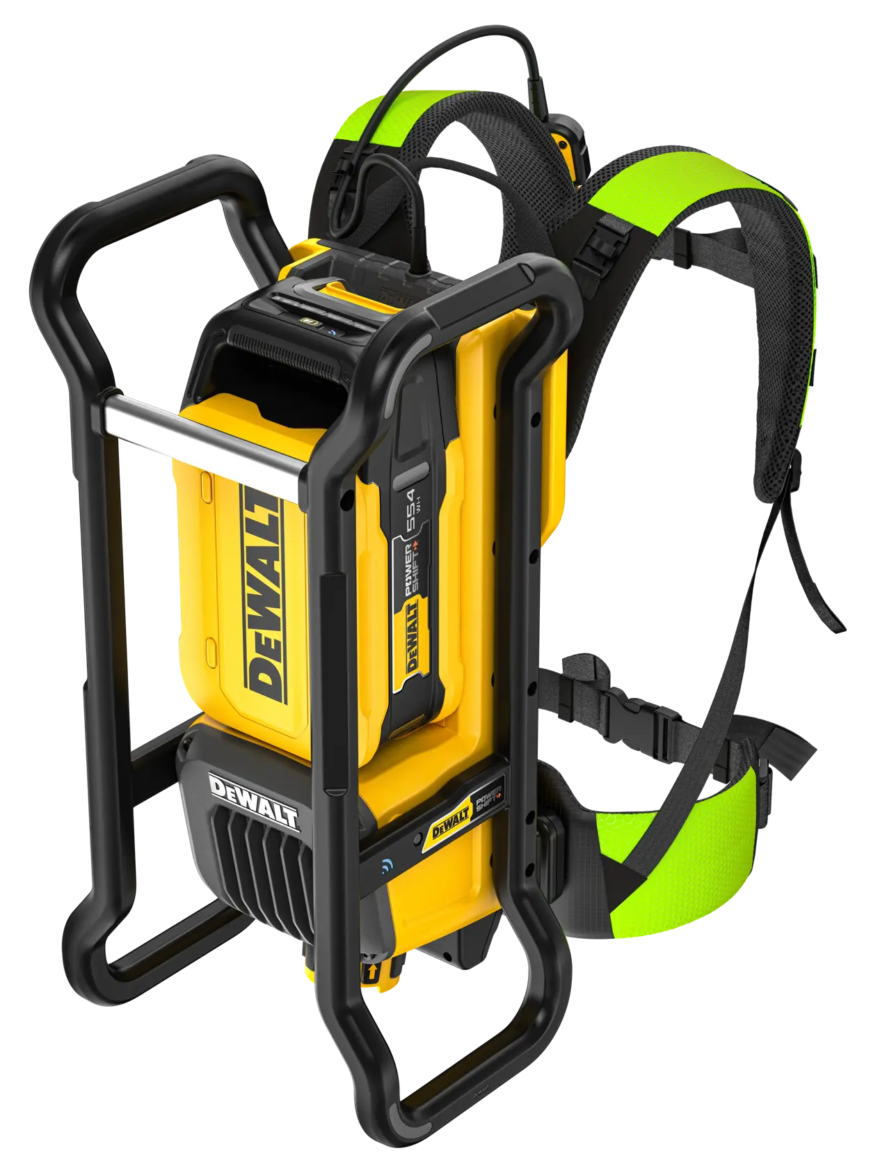 A DEWALT battery-powered backpack with a sturdy frame, black and yellow body, padded shoulder straps, and green accent straps. The device is designed for portable use and displays the DEWALT logo prominently.