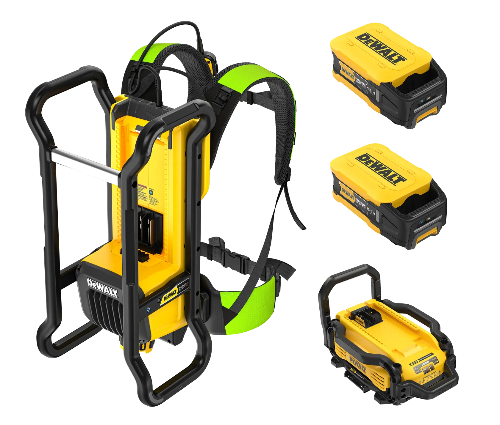 DEWALT portable backpack power supply kit featuring a yellow and black wearable unit with padded shoulder straps, two battery packs, and a compact charger.