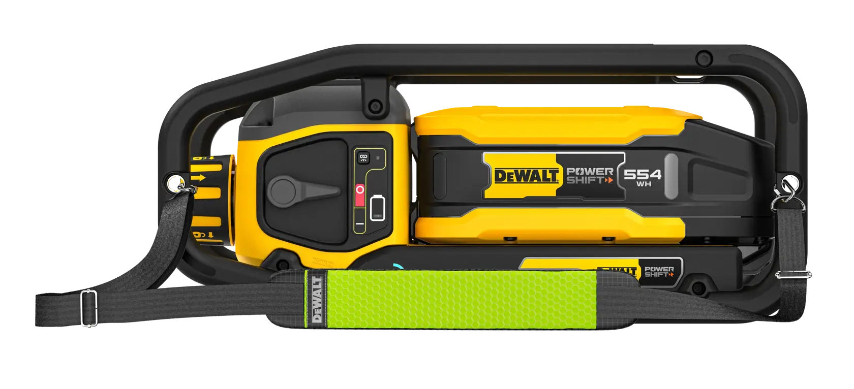 A DEWALT Power Shift portable battery pack with a robust black and yellow design, featuring a handle and a bright green strap for carrying. The battery pack is labeled with 554 WH and includes control buttons on its side.