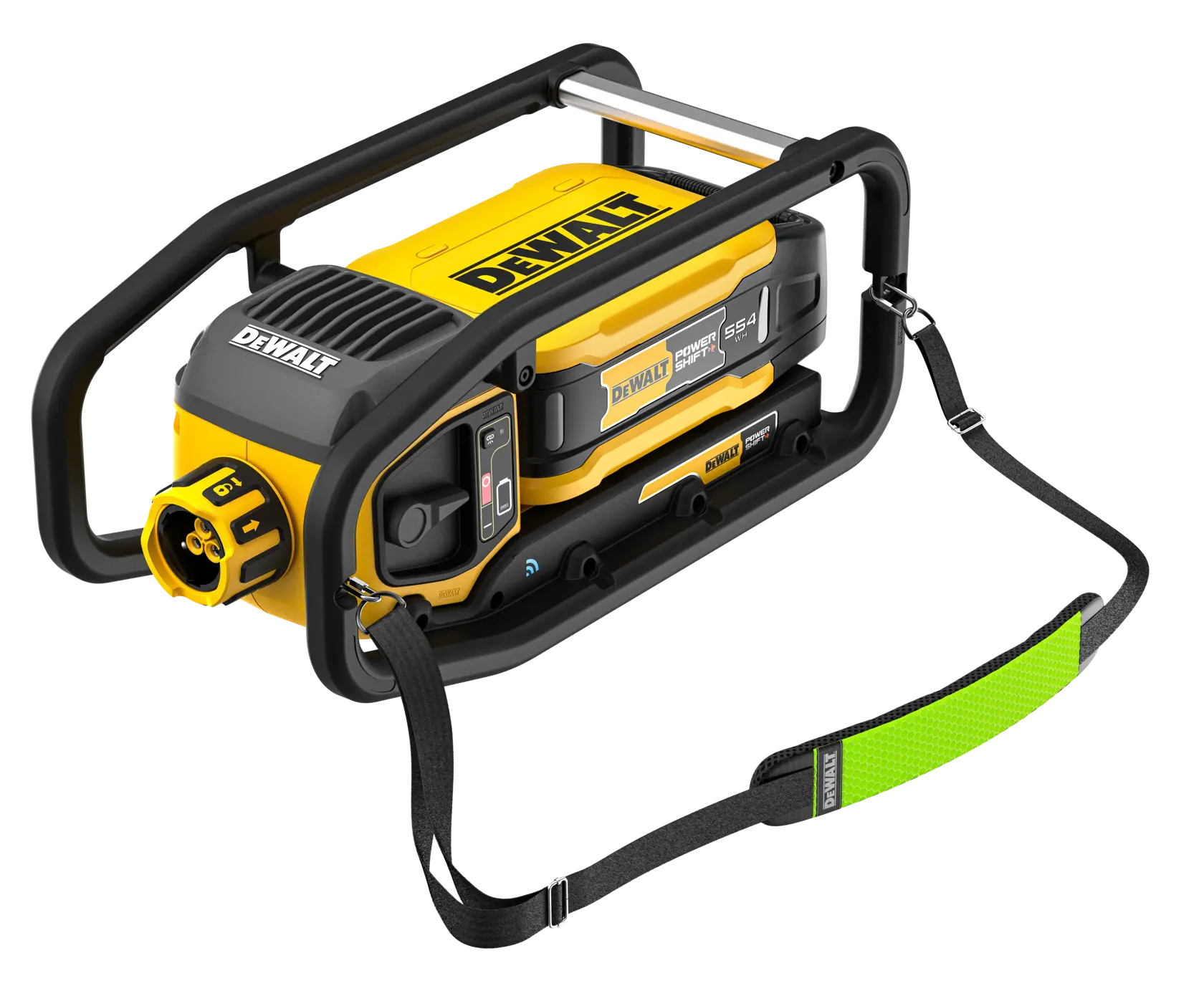 A DEWALT portable power station featuring a yellow and black design, surrounded by a protective metal frame with a shoulder strap attached. The device includes battery slots, a control panel, and a bright yellow power outlet.