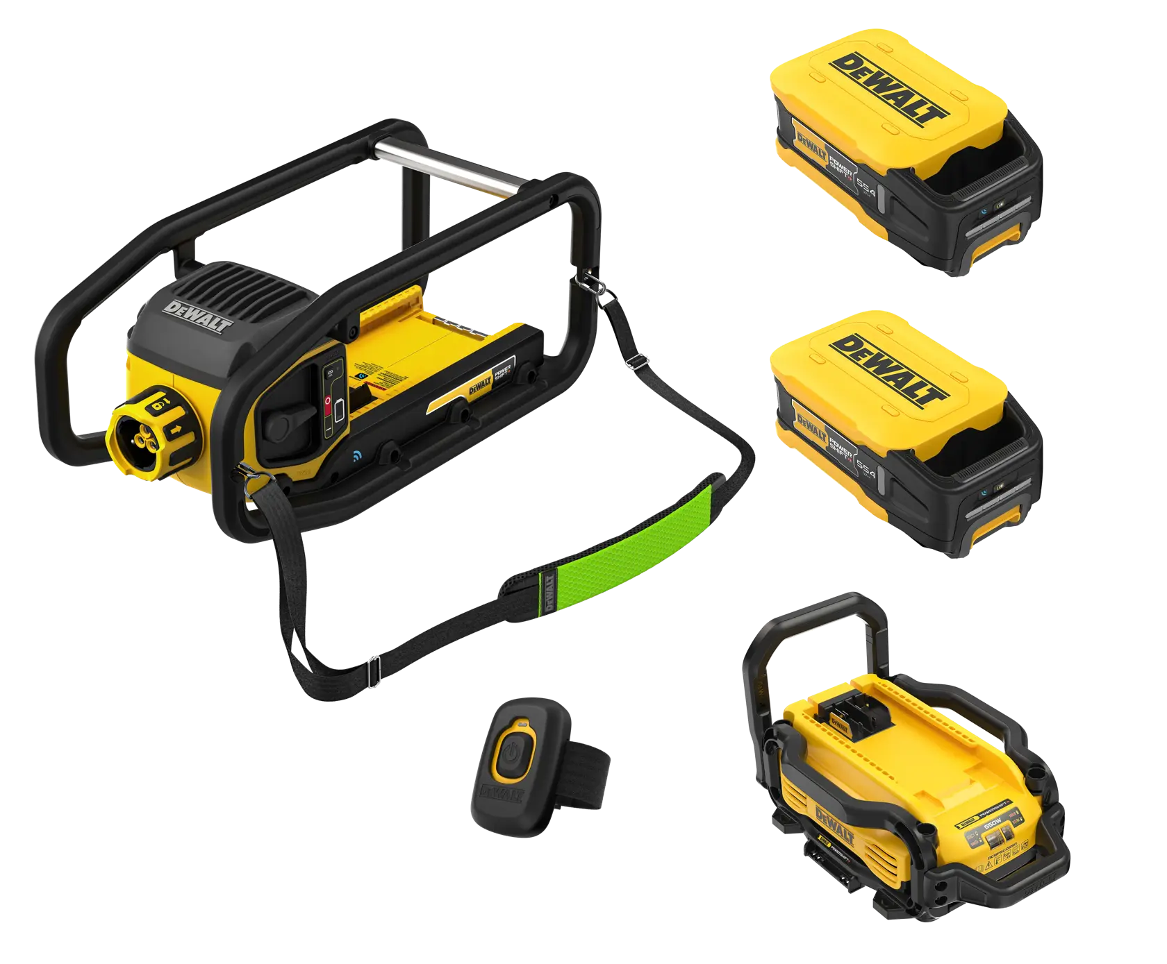 A collection of DEWALT branded portable power tools and accessories, including a framed power unit with a shoulder strap, two rectangular battery packs, a small wireless remote control, and another compact power device, all arranged against a white background.