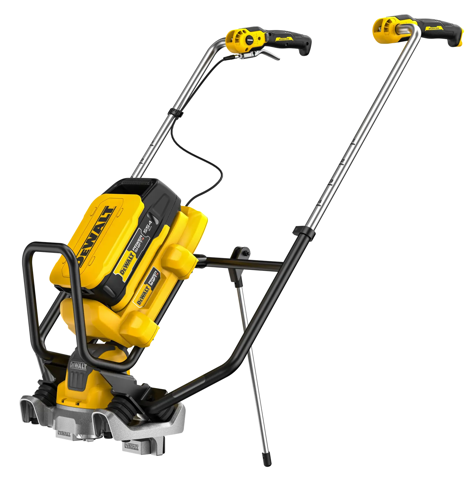 A DEWALT DCPS330AG2 outdoor power tool, shown on a white background. The device has a yellow and black body with dual handles and metal support arms. It appears to be a battery-powered lawn or garden tool with rugged construction and a sturdy base.