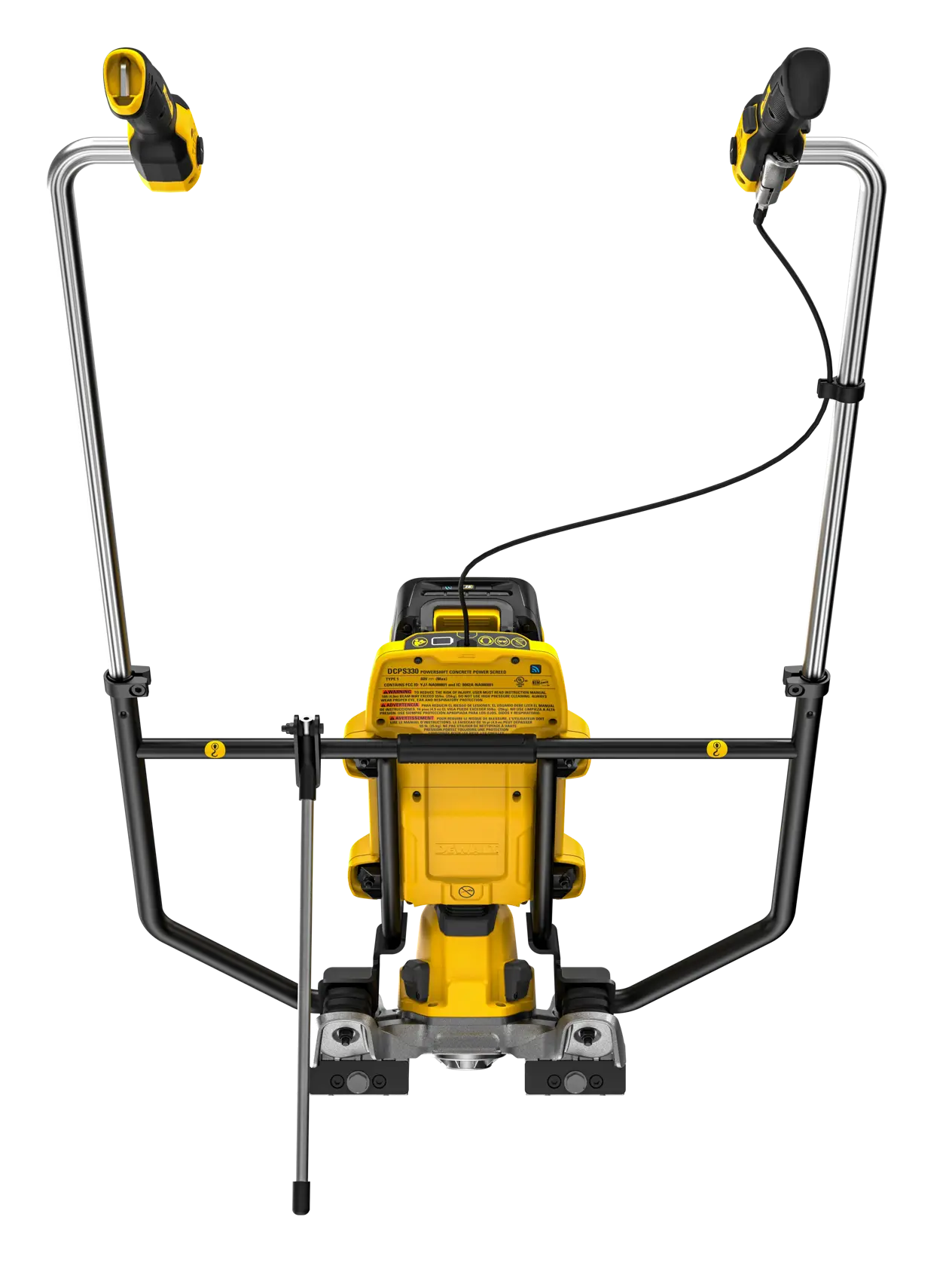 Rear view of a DEWALT outdoor power tool with a yellow and black body, two curved metal handles, a control panel, and an attached rod or extension. The tool appears sturdy and suitable for heavy-duty landscaping or maintenance tasks.