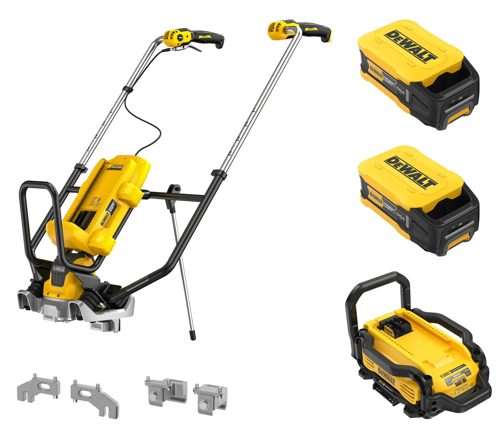 A DEWALT cordless garden tool set, including a yellow and black battery-powered handle system with attachments, two DEWALT battery packs, a battery charger, and several metal accessory mounts, all displayed on a white background.