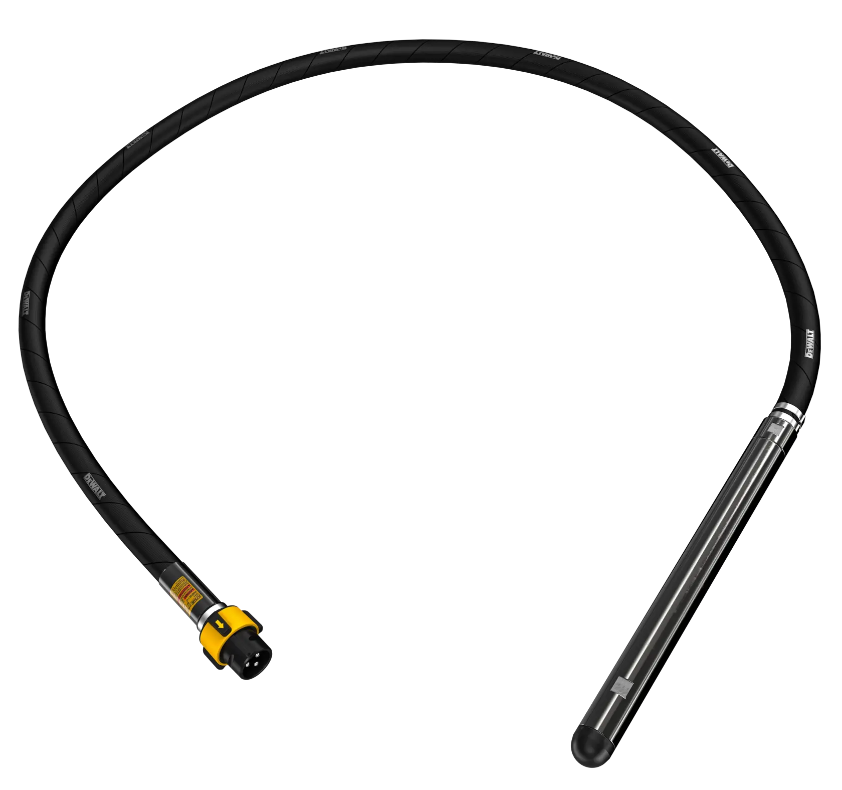 A DEWALT DCPS3382 concrete vibrator with a long flexible black shaft and a cylindrical vibrating head, photographed on a white background.