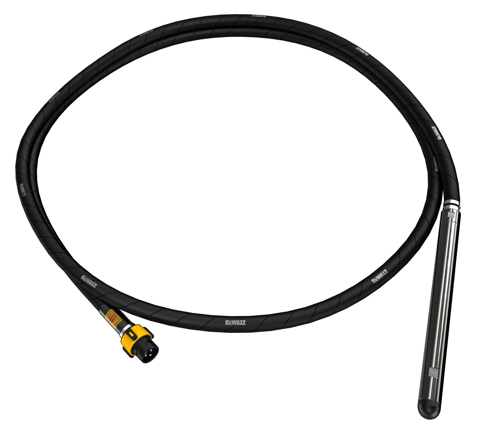 DEWALT concrete vibrator: a black flexible hose with metallic vibrating head and connector on white background.