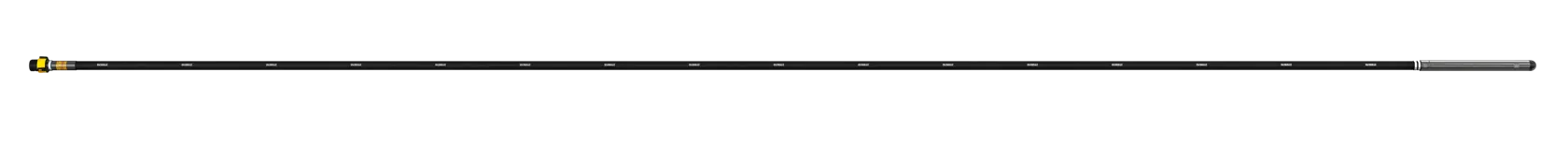 A long, black telescopic pole with a yellow accent at one end and a silver tip at the other, photographed against a white background.