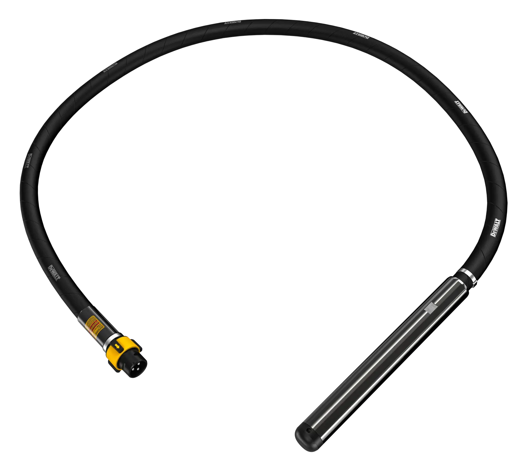 A DEWALT concrete vibrator shaft with a cylindrical metal head and a flexible black hose, designed for construction and concrete work.
