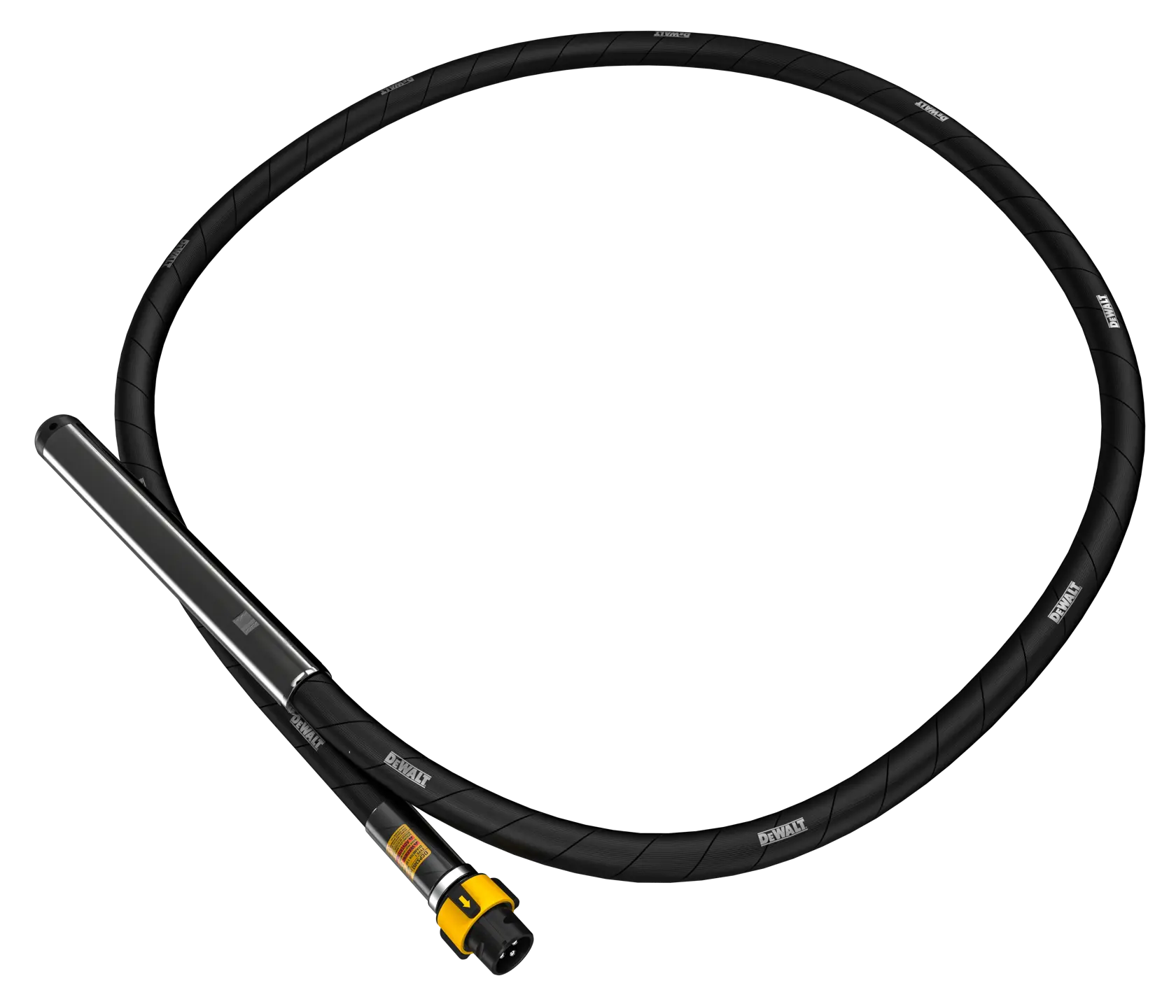 A DEWALT concrete vibrator with a flexible black hose and metal vibrating head, designed for construction use.