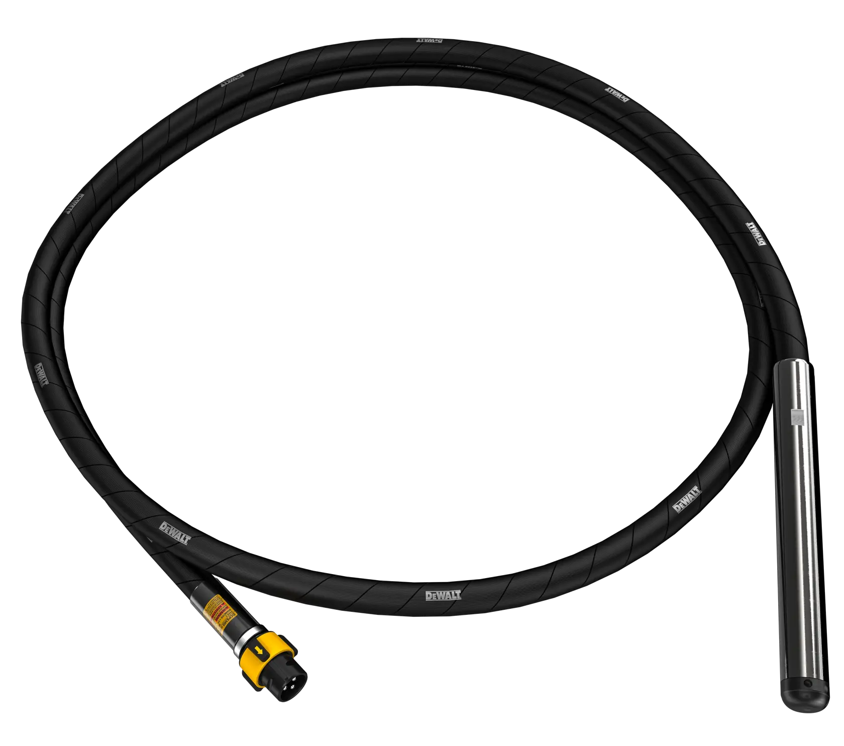 A DEWALT concrete vibrator with a long black flexible shaft and a metallic cylindrical vibrating head, designed for construction and concrete work.