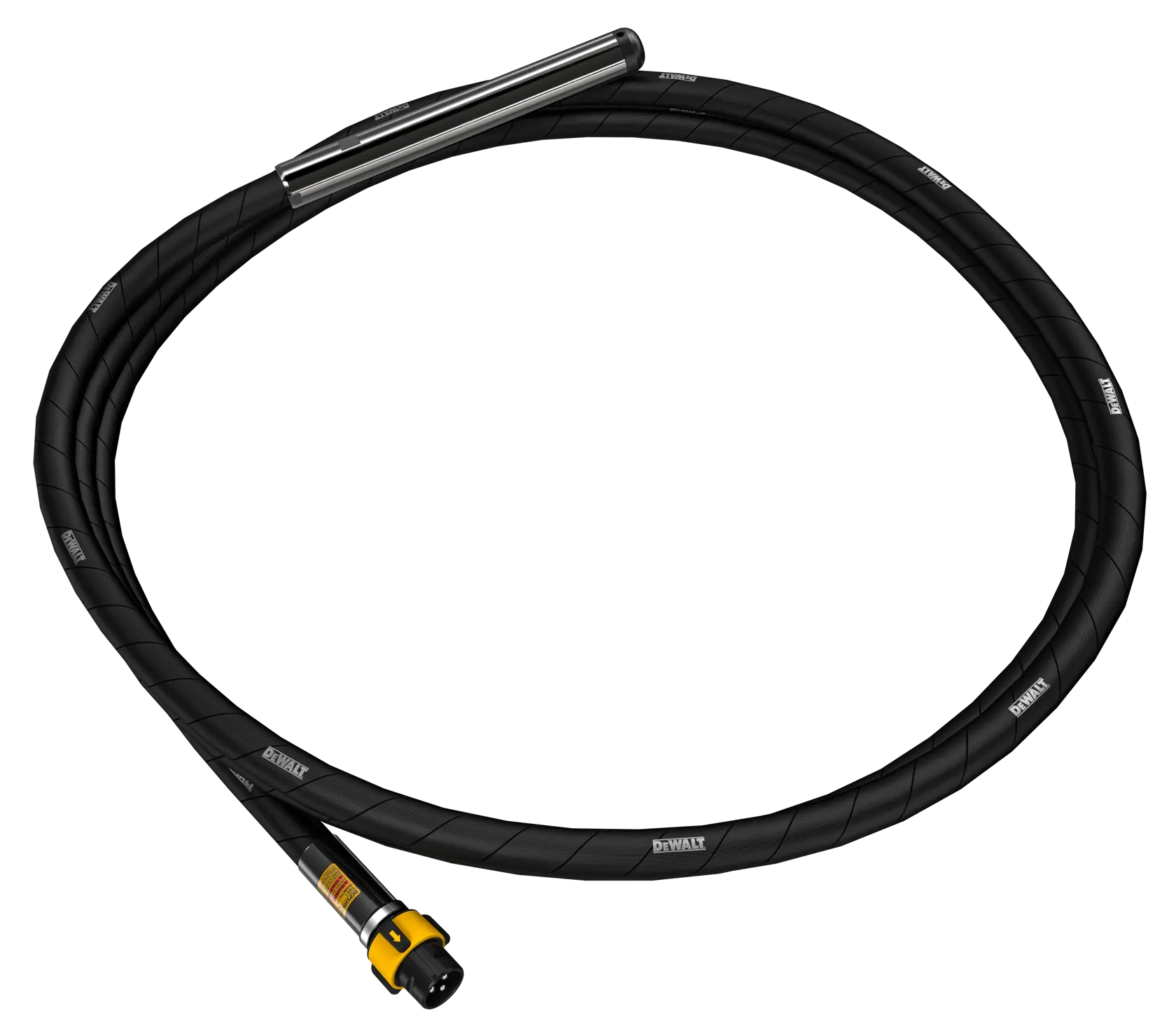 A DEWALT flexible black vibration hose attachment with a metal tip, used with power tools for construction or heavy-duty work. The DEWALT logo is printed on the hose.