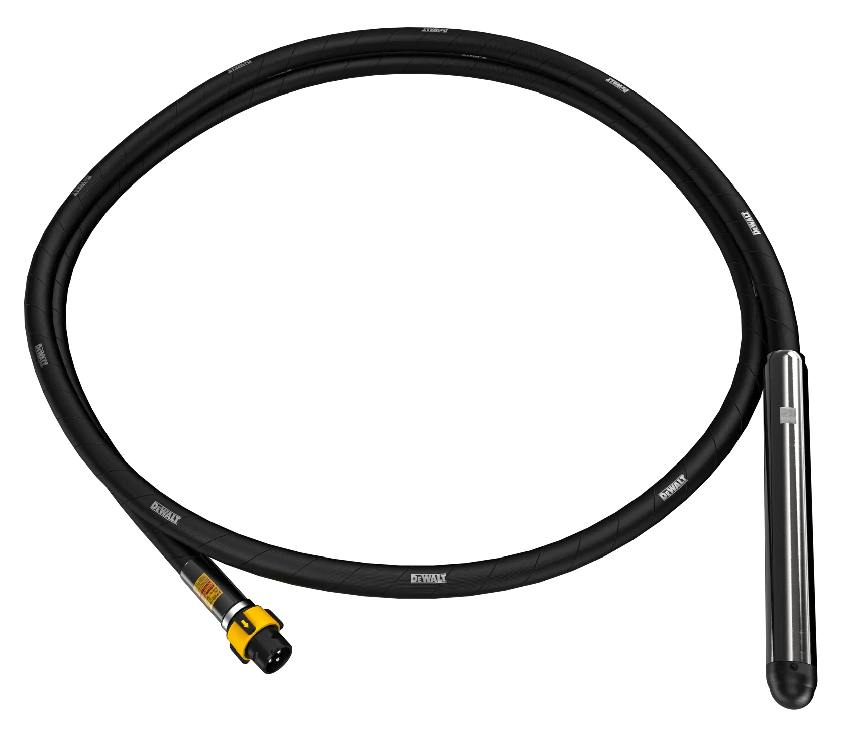 DEWALT concrete vibrator shaft with black cable and metal head, DCPS3505, on white background.