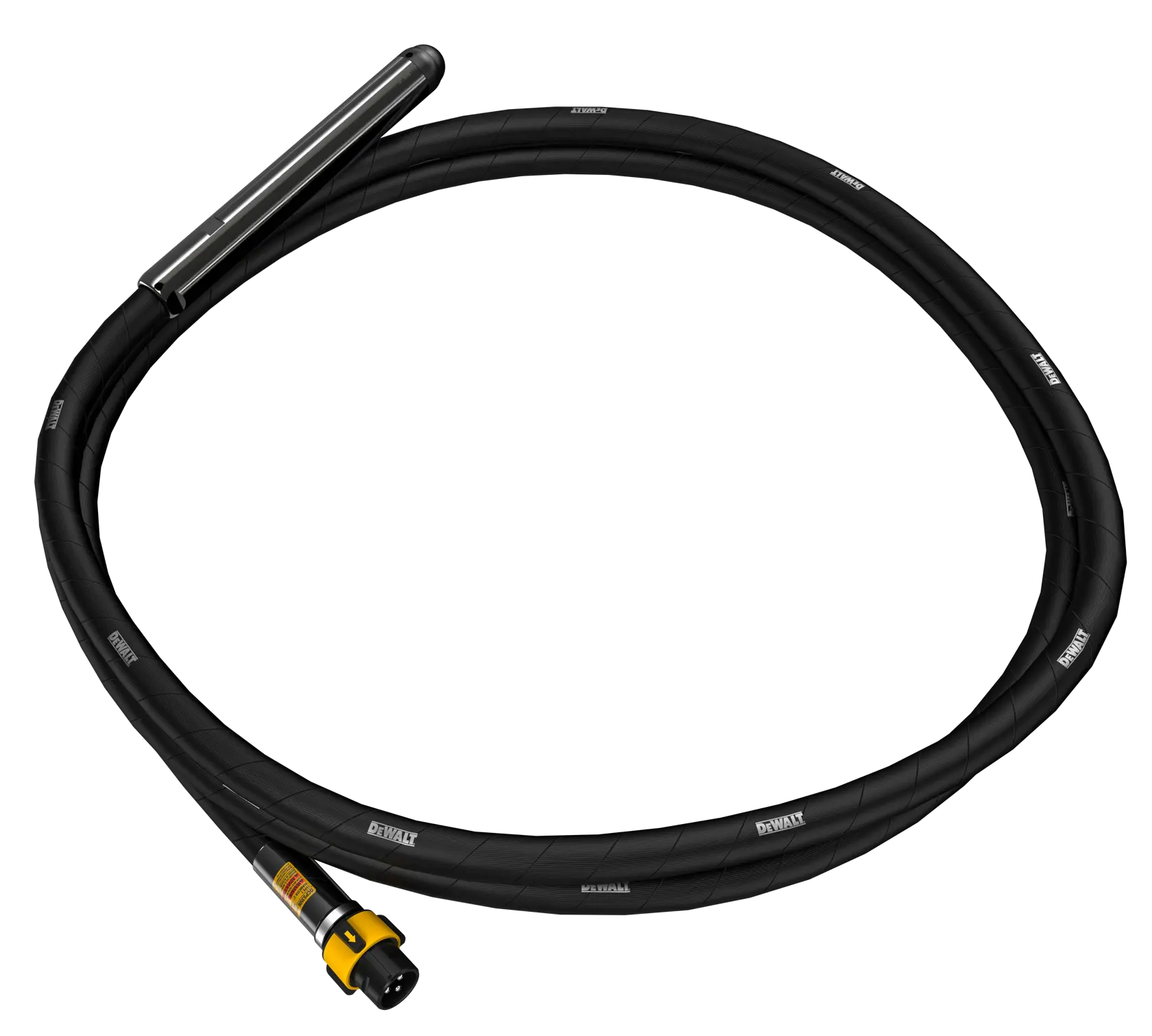 A DEWALT branded black flexible hose with a metal cylindrical attachment on one end and a yellow connector on the other.
