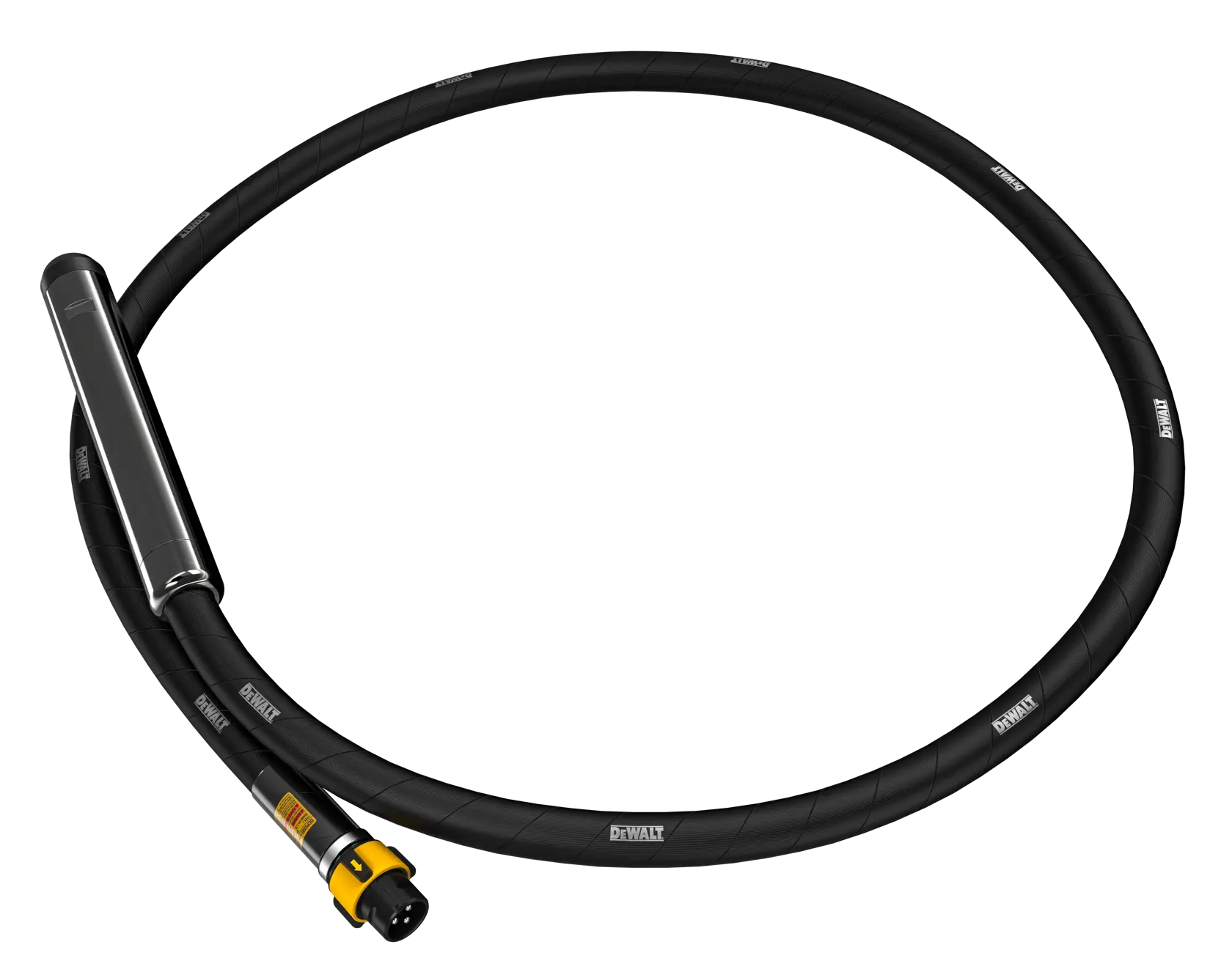 A DEWALT flexible vibrator shaft attachment, black with yellow connector, designed for use with concrete vibrators. The shaft is coiled in a circle and has DEWALT branding visible along its length.