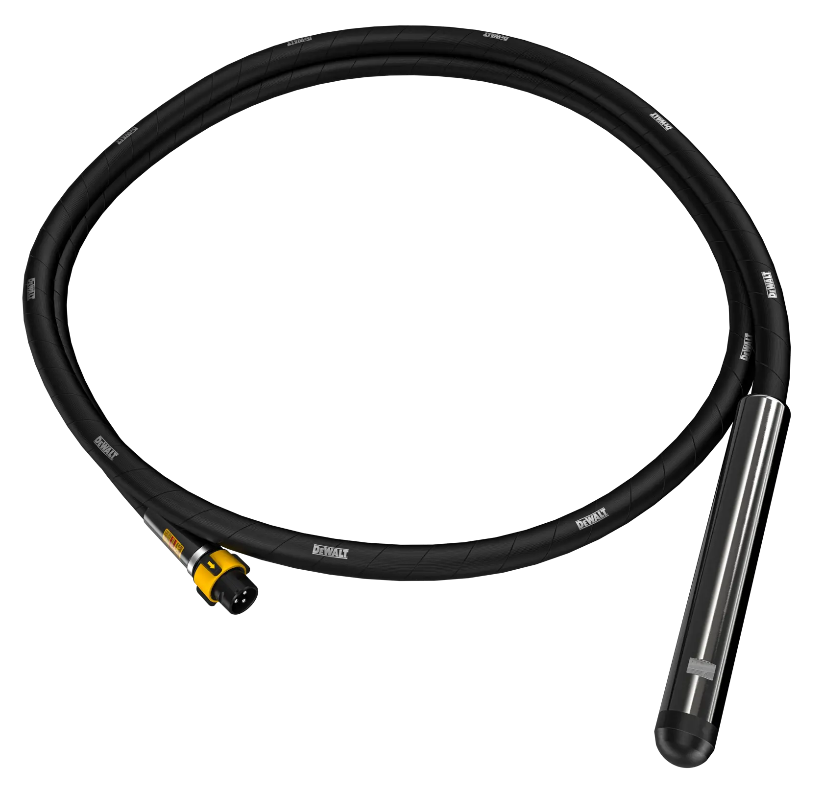 A DEWALT concrete vibrator attachment with a long black flexible hose and metallic cylindrical vibrating head, shown coiled against a white background.