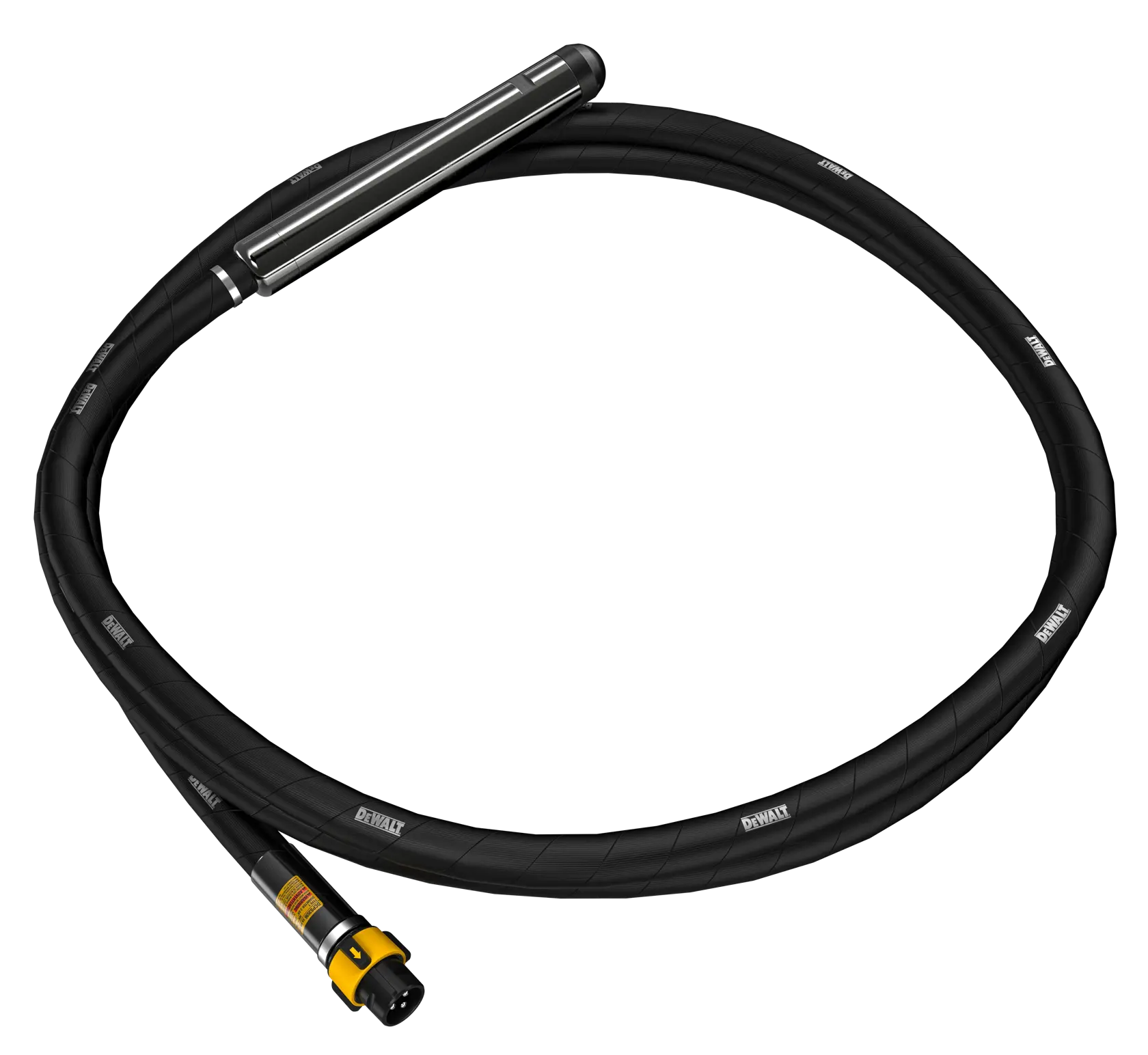 A DEWALT branded black flexible hose with a cylindrical metal attachment on one end and a yellow connector on the other end, designed for construction or industrial use.