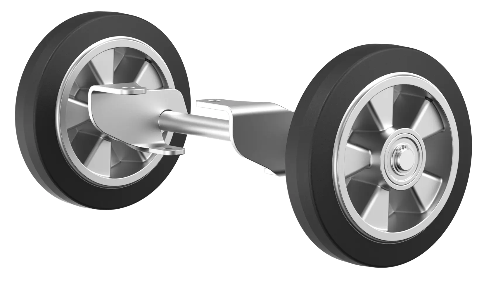 Two black wheels with silver rims attached to a metal axle, displayed on a white background.
