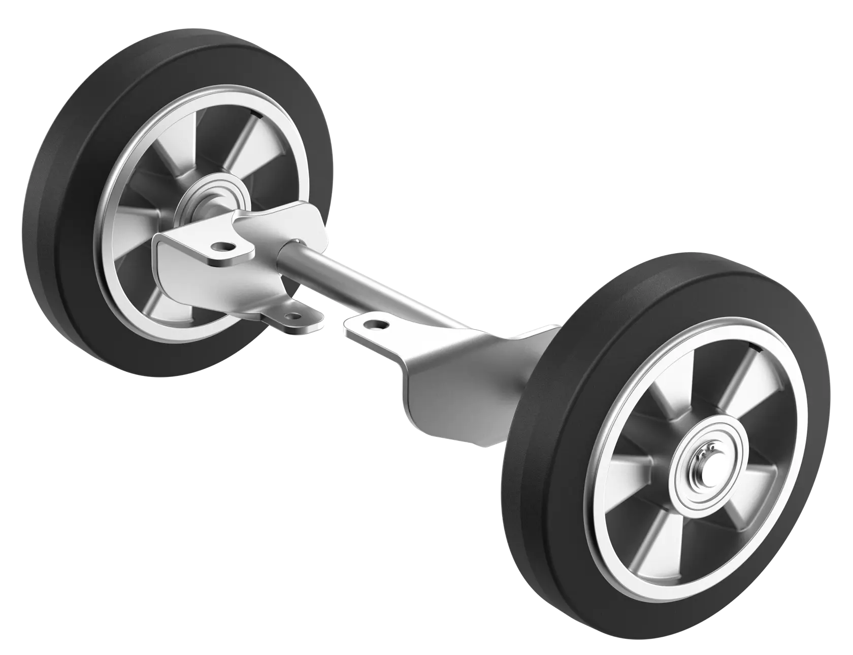 A close-up view of a metal axle with two black and silver wheels attached on both ends, isolated on a white background.