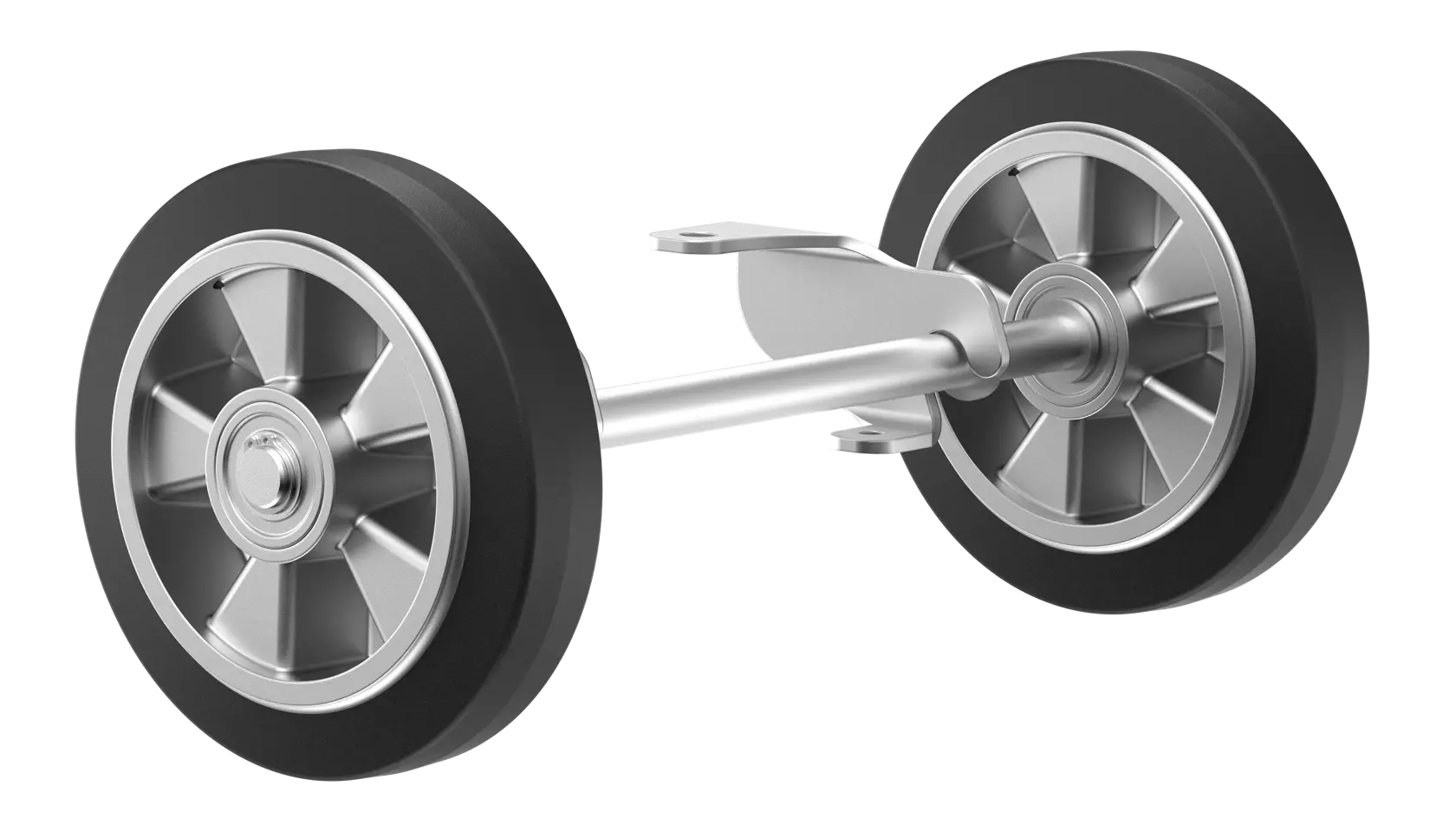 A close-up image of a metal axle with two black rubber wheels attached, shown on a white background.