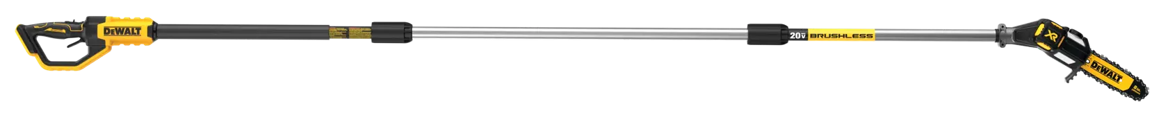 A DEWALT cordless pole saw with a long, extendable shaft and a cutting head at the end, designed for trimming high branches.