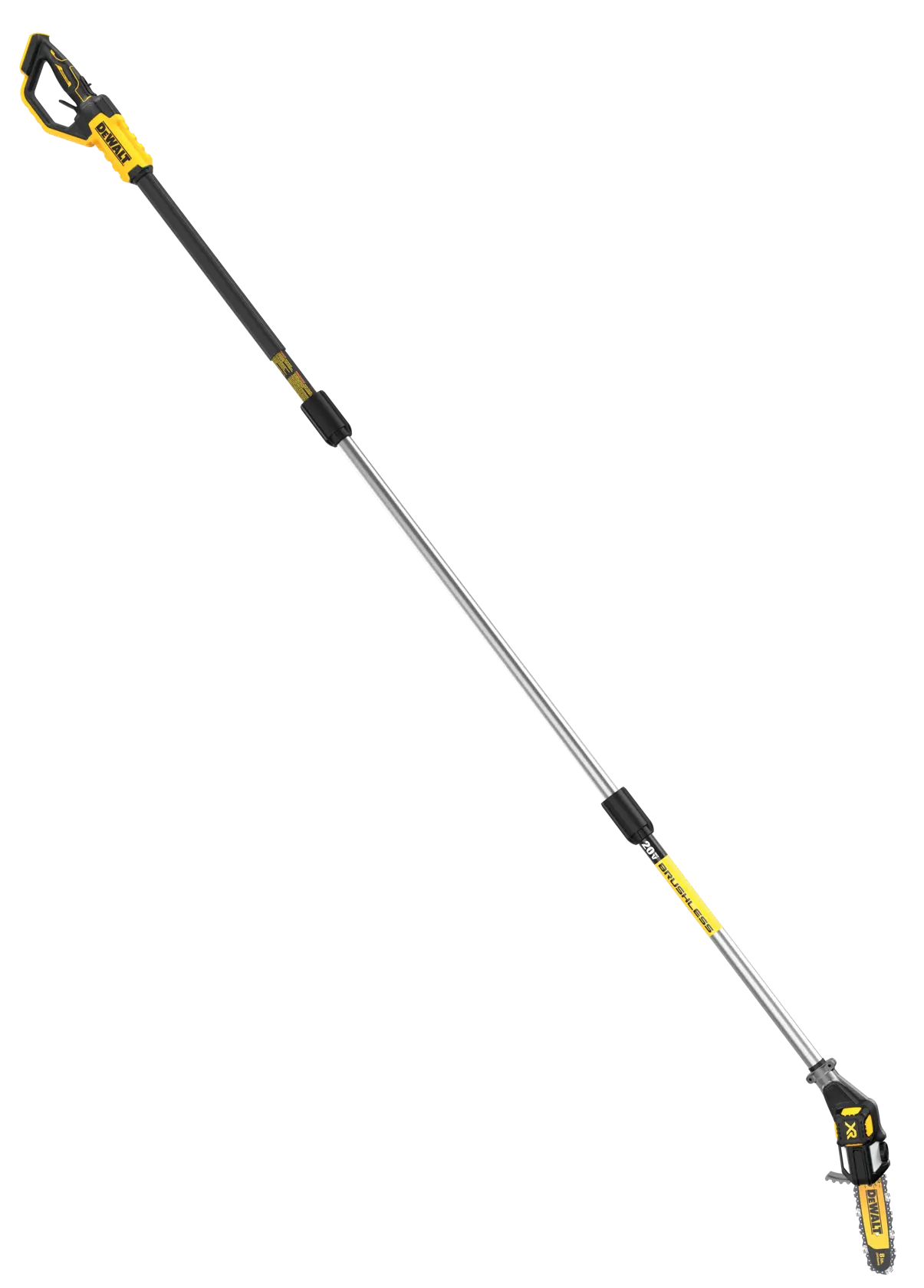 A DEWALT cordless pole saw with an extended metal shaft and a small chainsaw head, designed for cutting branches at height.
