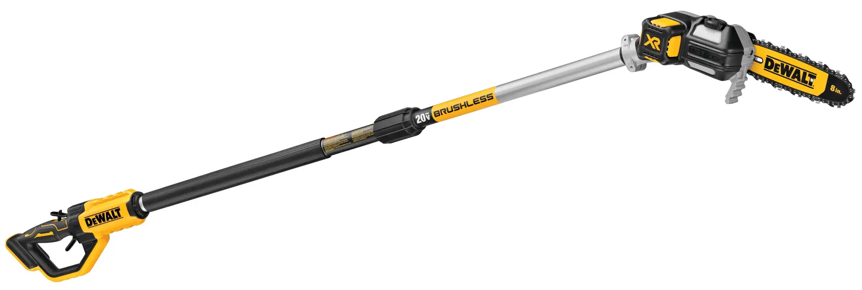 A DEWALT 20V XR brushless cordless pole saw with a long extension handle, designed for pruning and cutting tree branches.