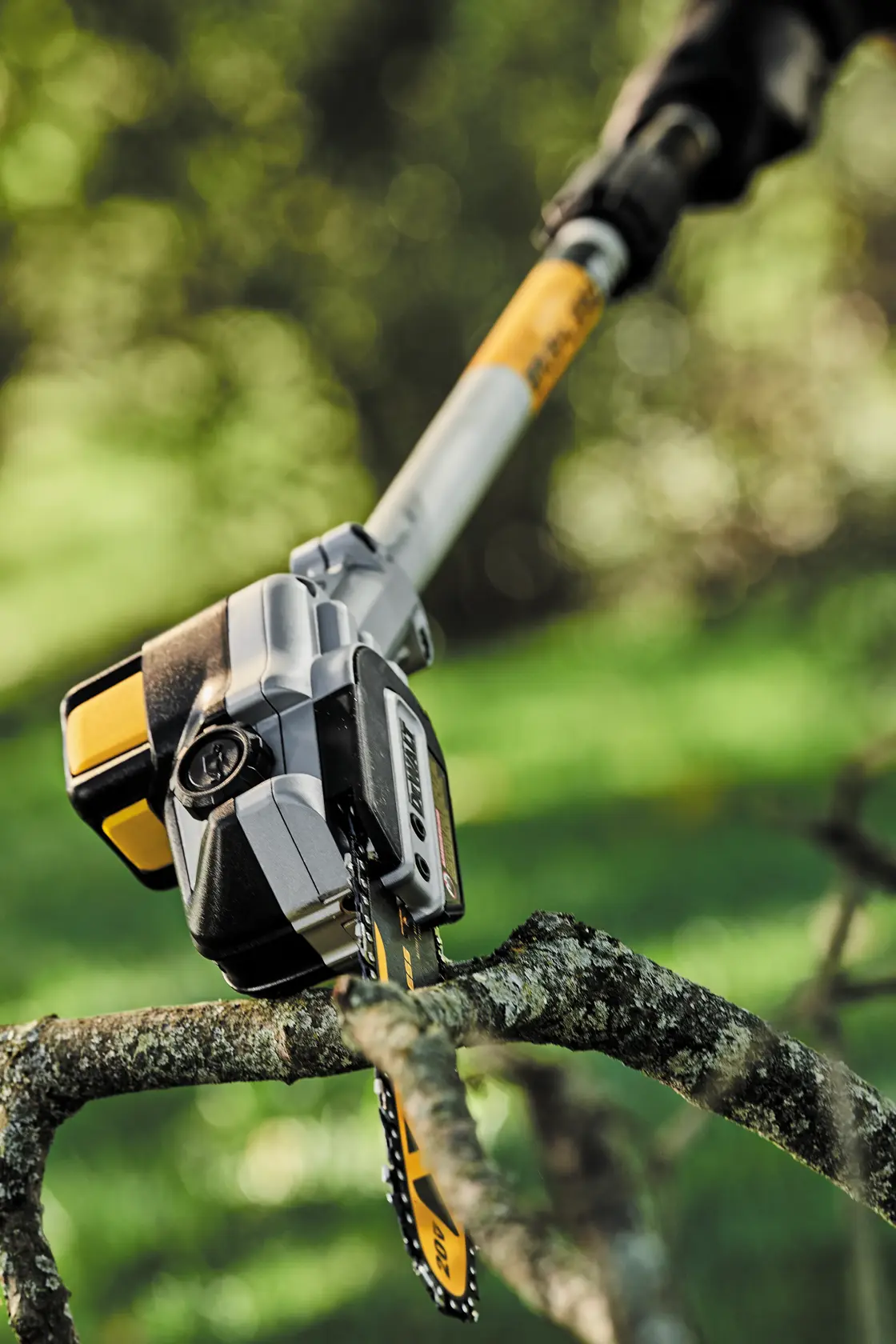 A close-up of a DEWALT pole saw cutting a tree branch outdoors, showing the saw blade slicing through the branch with a blurred green background.