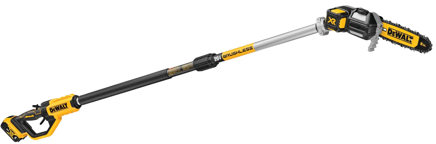 A DEWALT cordless pole saw with a yellow and black design. The tool features an extendable pole and a small chainsaw at the end for trimming tree branches. The handle includes a battery pack.