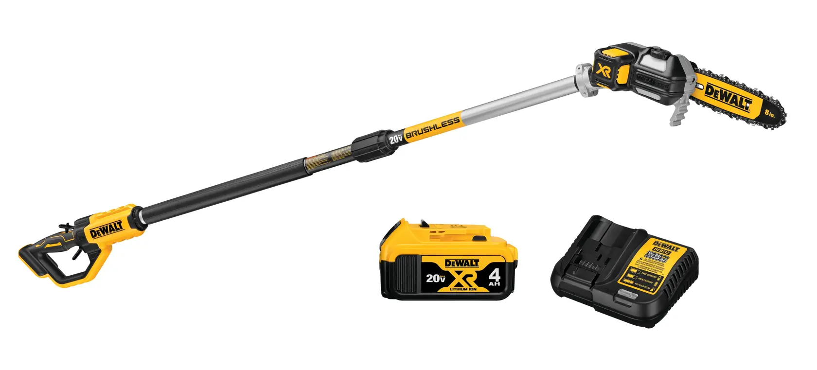 DEWALT pole saw kit including a long, yellow and black cordless pole saw, a 20V battery pack, and a battery charger, shown on a white background.