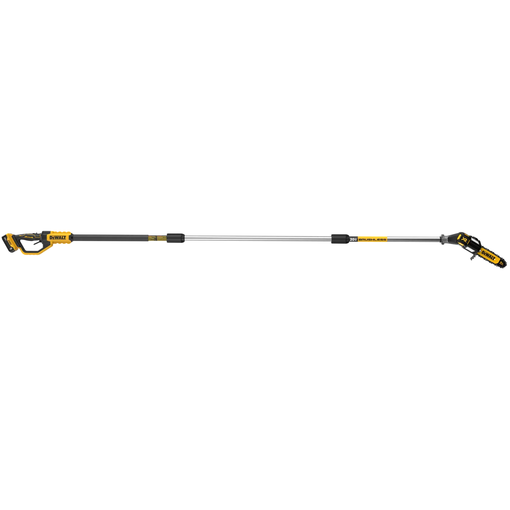 A DEWALT cordless pole saw with a yellow and black design, featuring an extendable pole and a small chainsaw at the end, suitable for cutting tree branches.