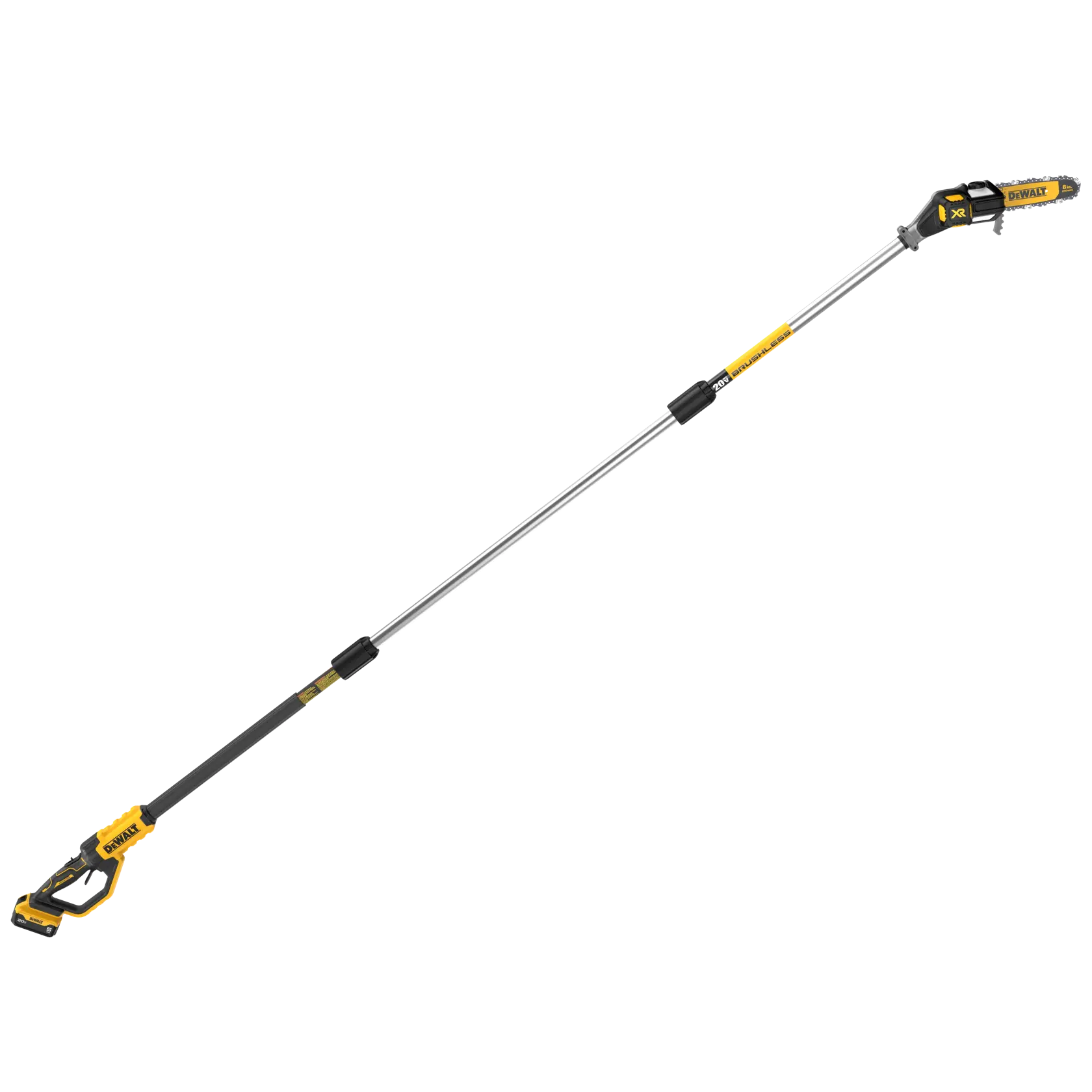 A cordless pole saw with a long, extendable handle and a small chainsaw blade at the end, designed for trimming tree branches. The tool is yellow and black with the DEWALT brand visible.