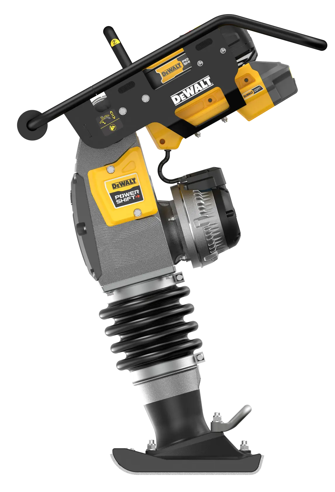 DEWALT Power Shift cordless battery-powered rammer compactor, shown upright against a white background. The compactor features a robust design with a handle, control panel, and visible DEWALT branding.