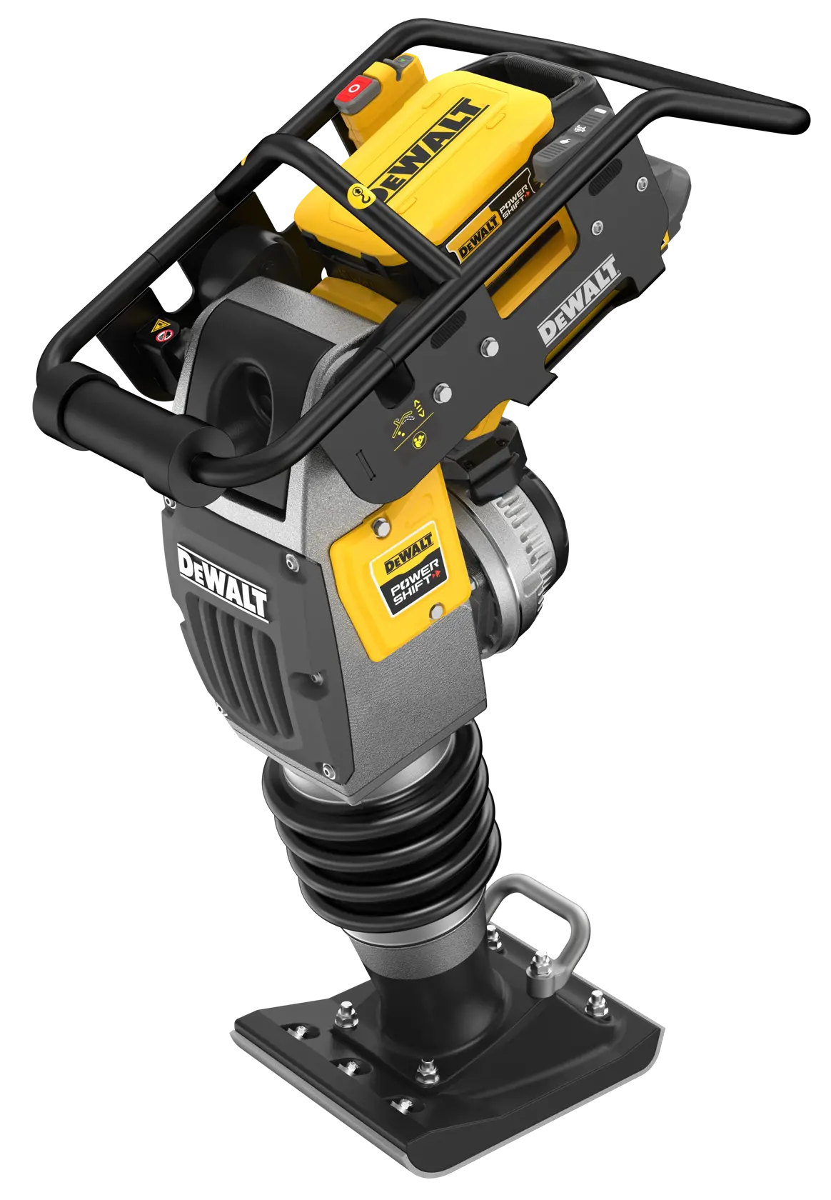 A DEWALT battery-powered compactor tool shown upright on a white background. The tool features a sturdy metal frame, handlebar, and a yellow battery pack mounted at the top.