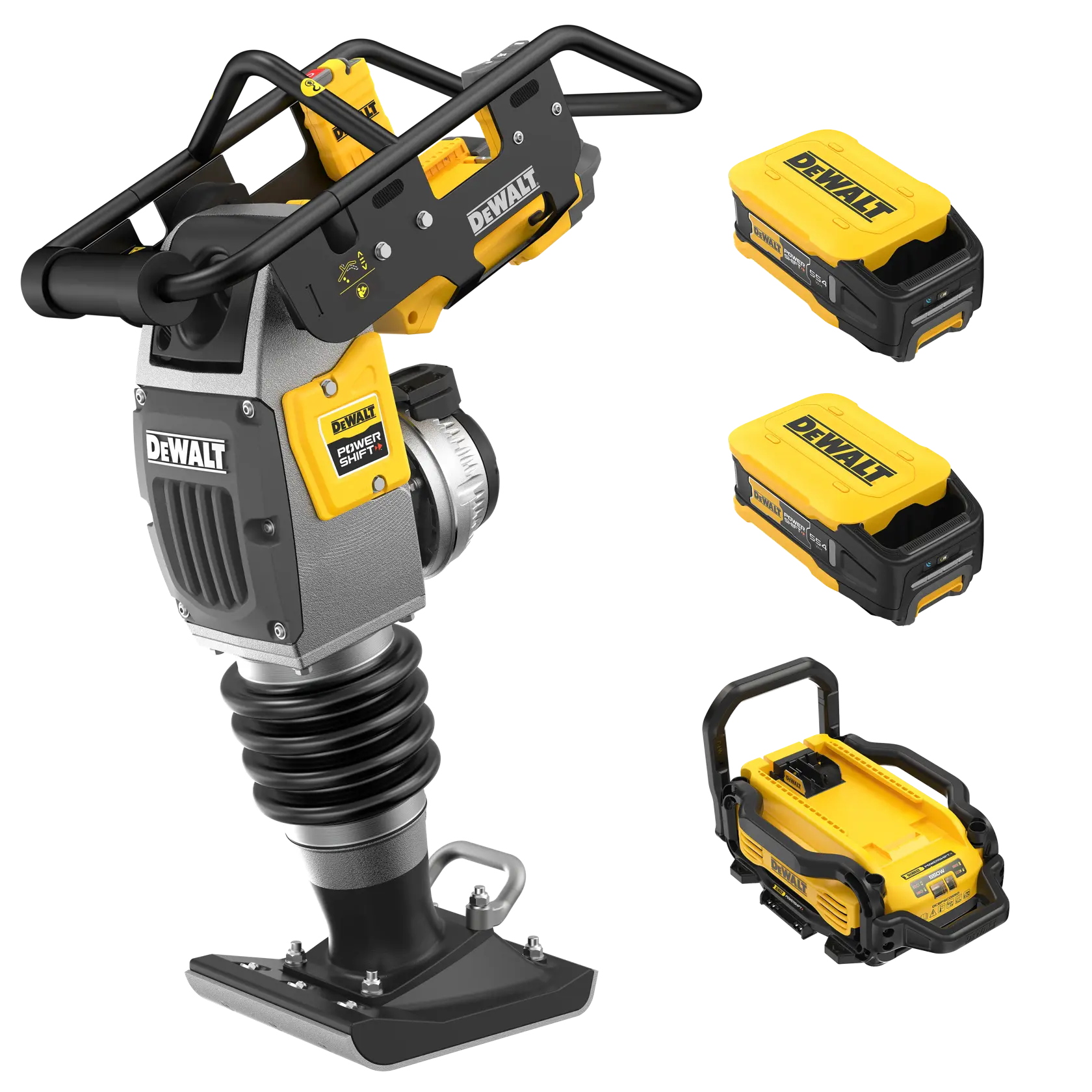 A DEWALT branded power tool kit featuring a cordless compactor with a protective frame, two interchangeable yellow and black battery packs, and a battery charging station, all displayed on a white background.