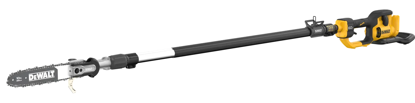 A DEWALT cordless pole saw with a long black shaft, yellow and black handle, and a small chainsaw blade at the end, model DCPS671B.