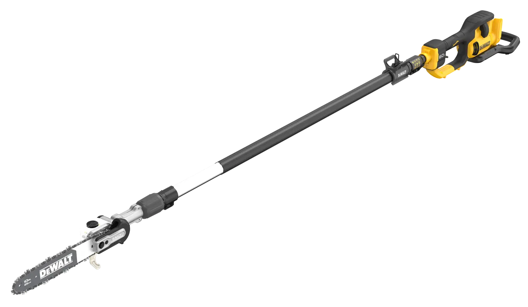 A long-handled cordless pole saw with a yellow and black grip, designed for trimming tree branches, branded with DEWALT.
