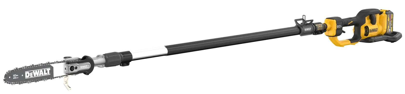 A DEWALT cordless pole saw with a yellow and black handle, an extended black shaft, and a small chainsaw blade at the end, designed for cutting branches at height.