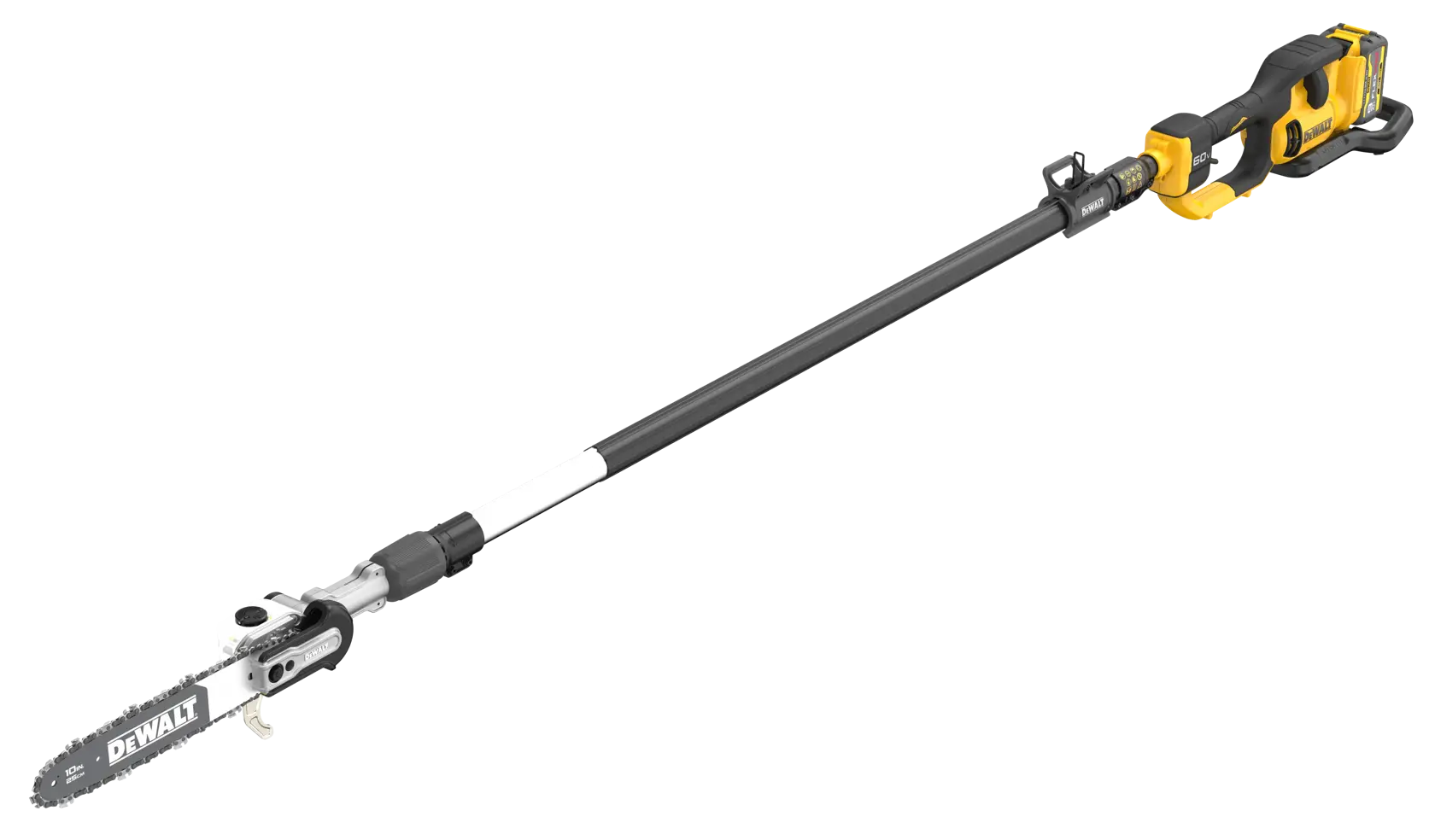 A DEWALT cordless pole saw with a long telescopic shaft and a small chainsaw at the end, designed for trimming and cutting tree branches in hard-to-reach areas.