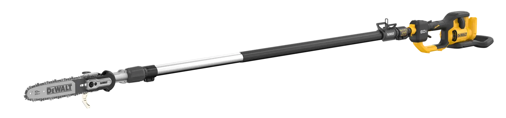 A DEWALT cordless pole saw with a long black and silver telescopic shaft and a small chainsaw blade at the end, designed for trimming high branches.