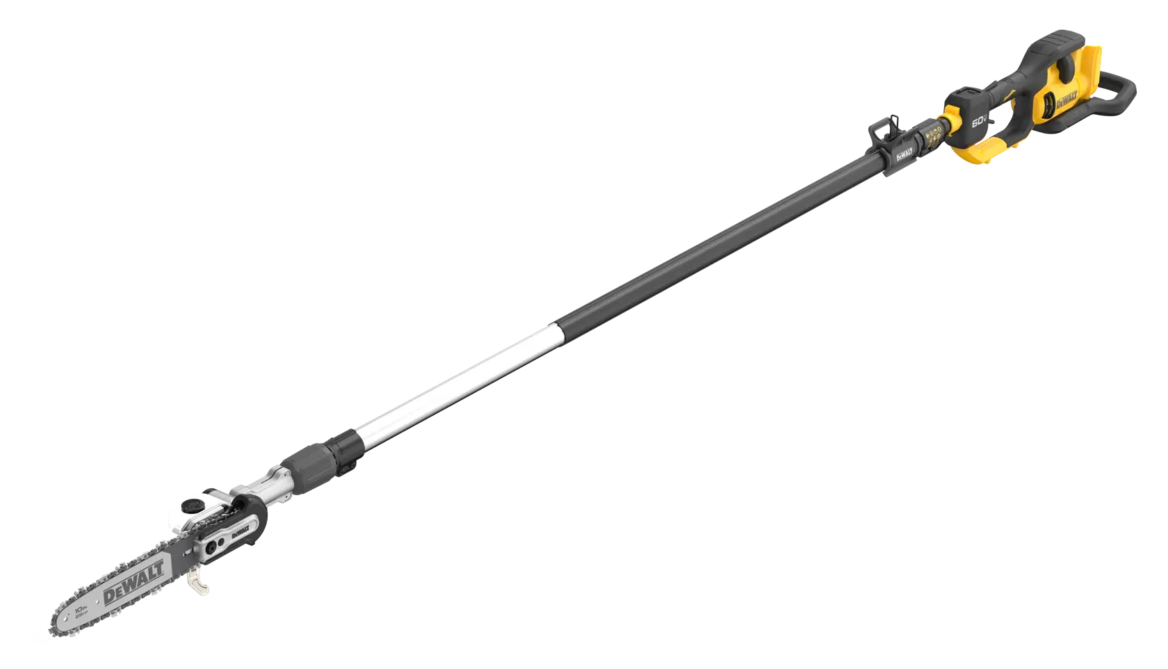 A DEWALT cordless pole saw with a long extendable shaft for reaching high branches, featuring a yellow and black handle and a silver chainsaw blade at the end.