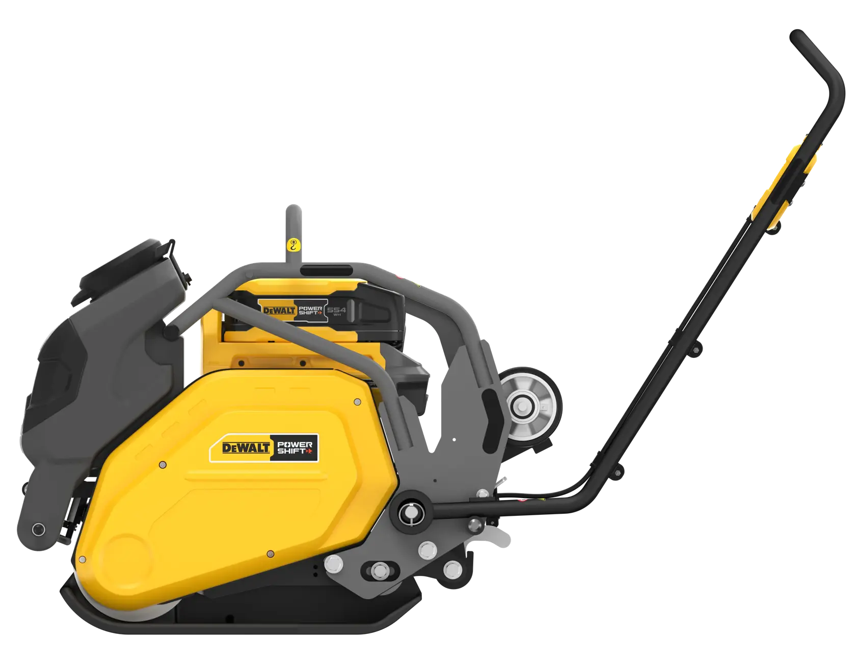 A yellow and black DEWALT branded power tool with a handle, designed for compacting surfaces, shown from the side.