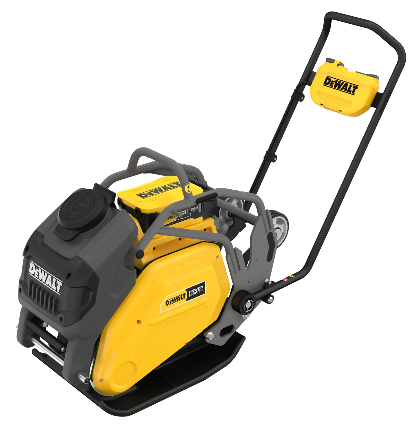 A DEWALT-branded plate compactor with a yellow and black design, featuring a sturdy handle, a visible battery pack, and robust construction suitable for compacting soil or surfaces.