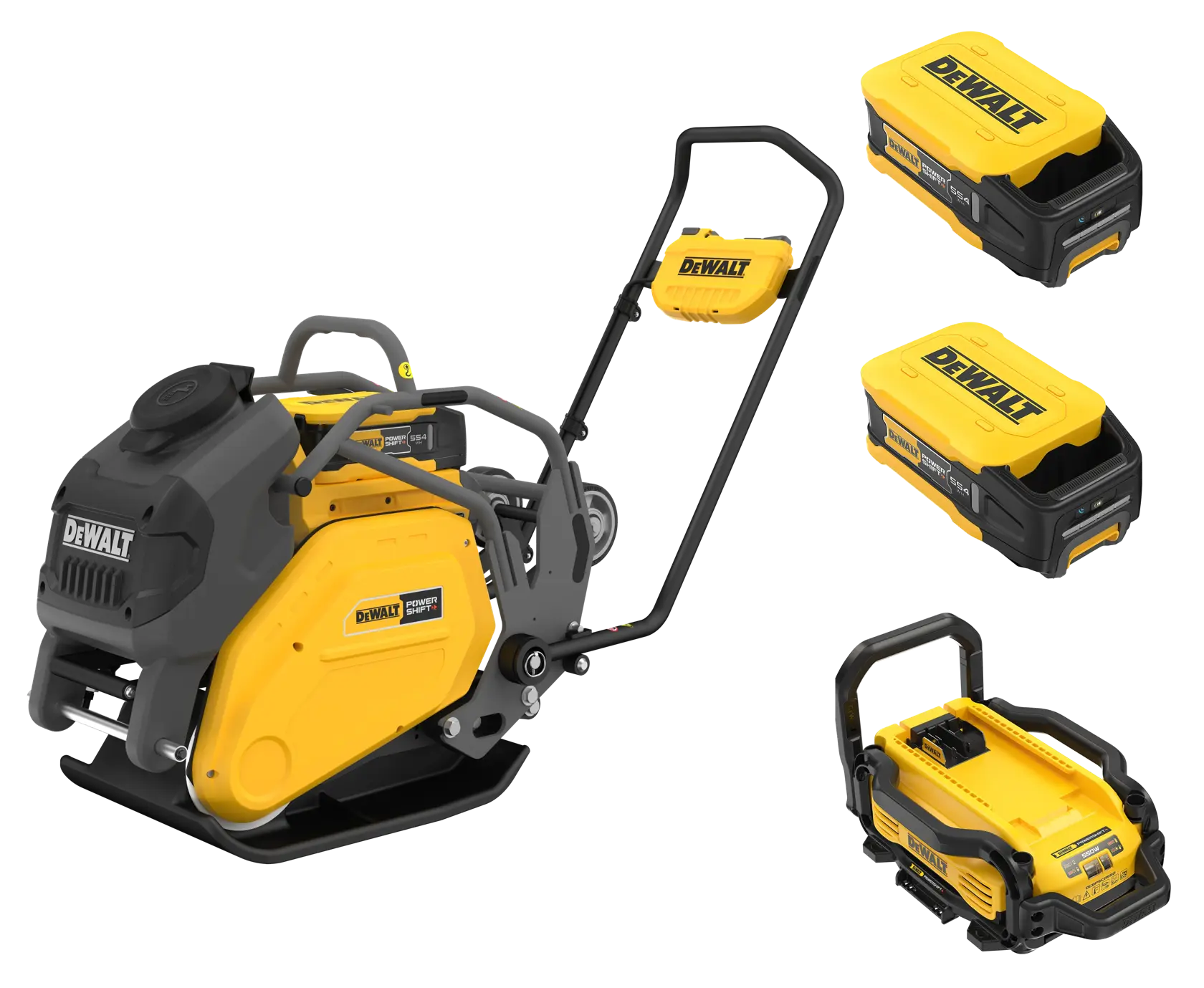 A DEWALT-branded yellow and black battery powered plate compactor, shown with its handle and three additional battery packs. The batteries are displayed separately next to the compactor.