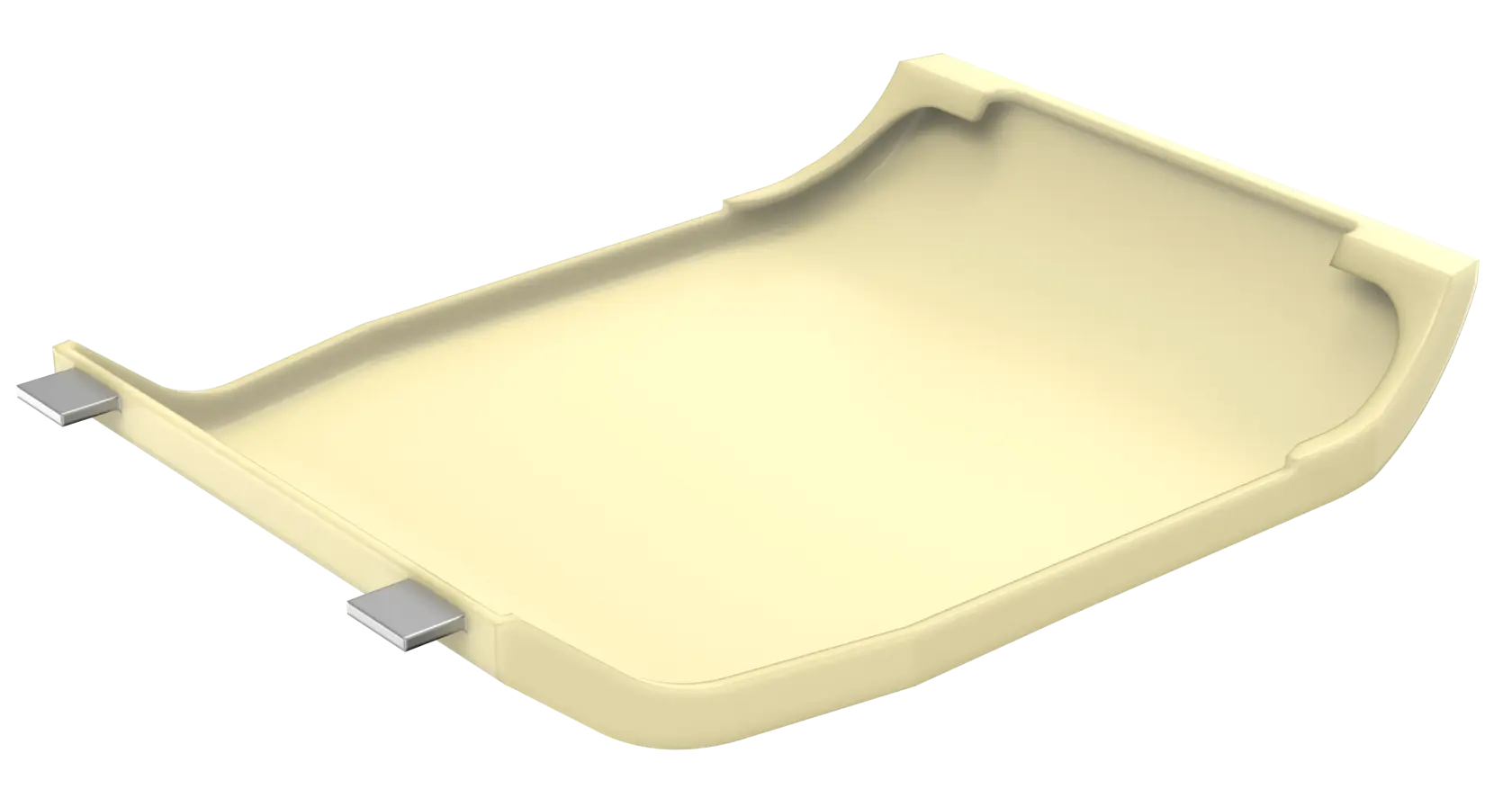 Light yellow, curved plastic tray with small metal clips on one edge, seen on a white background.