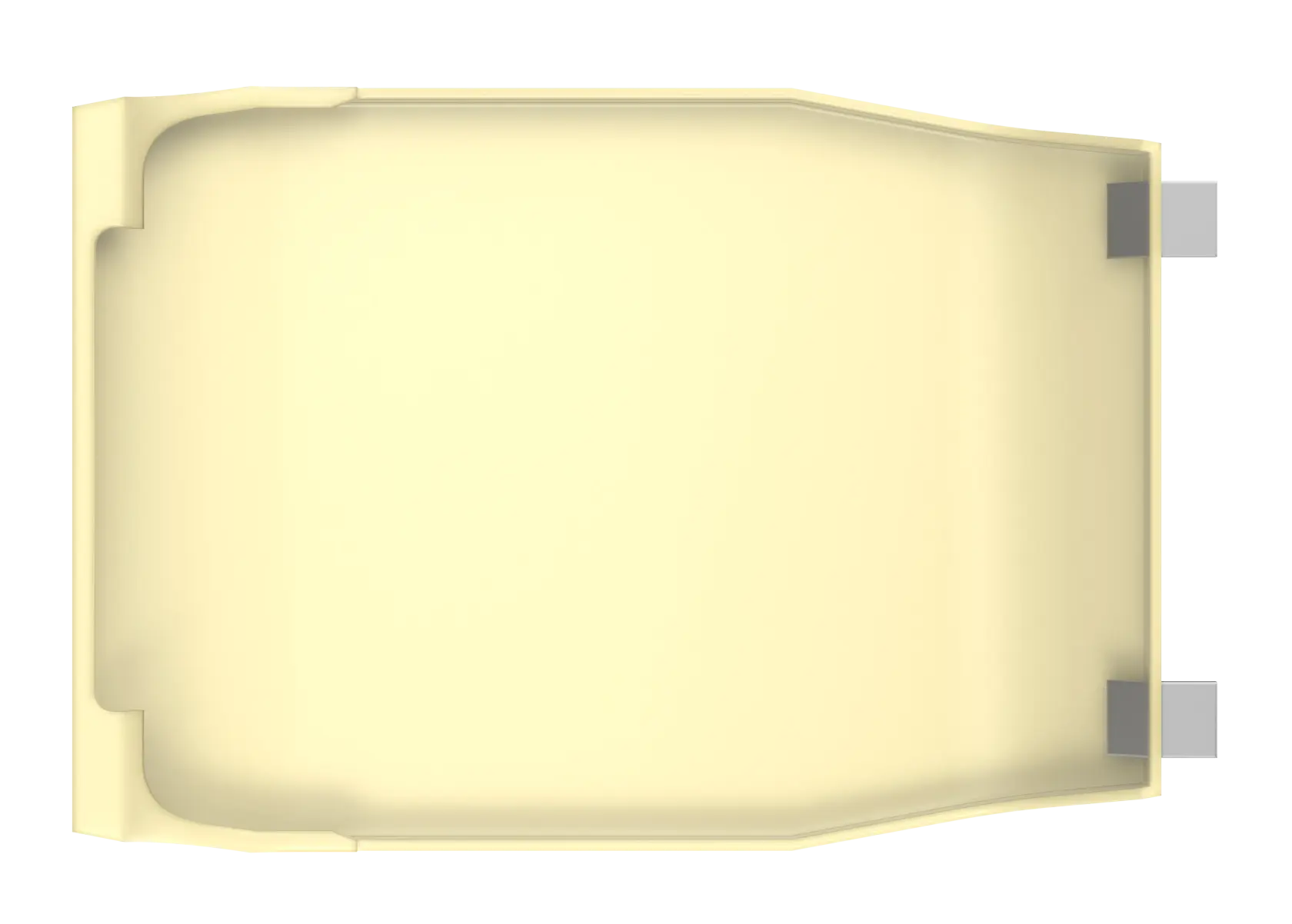Top view of a yellow rectangular plastic part with two silver metal tabs on the right side.
